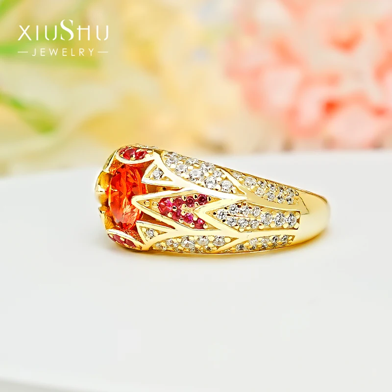 Sunflower Fanta Orange 925 Silver High Grade Ring for Women Set with Colorful 1 Carat Wide Index Finger Full Diamond