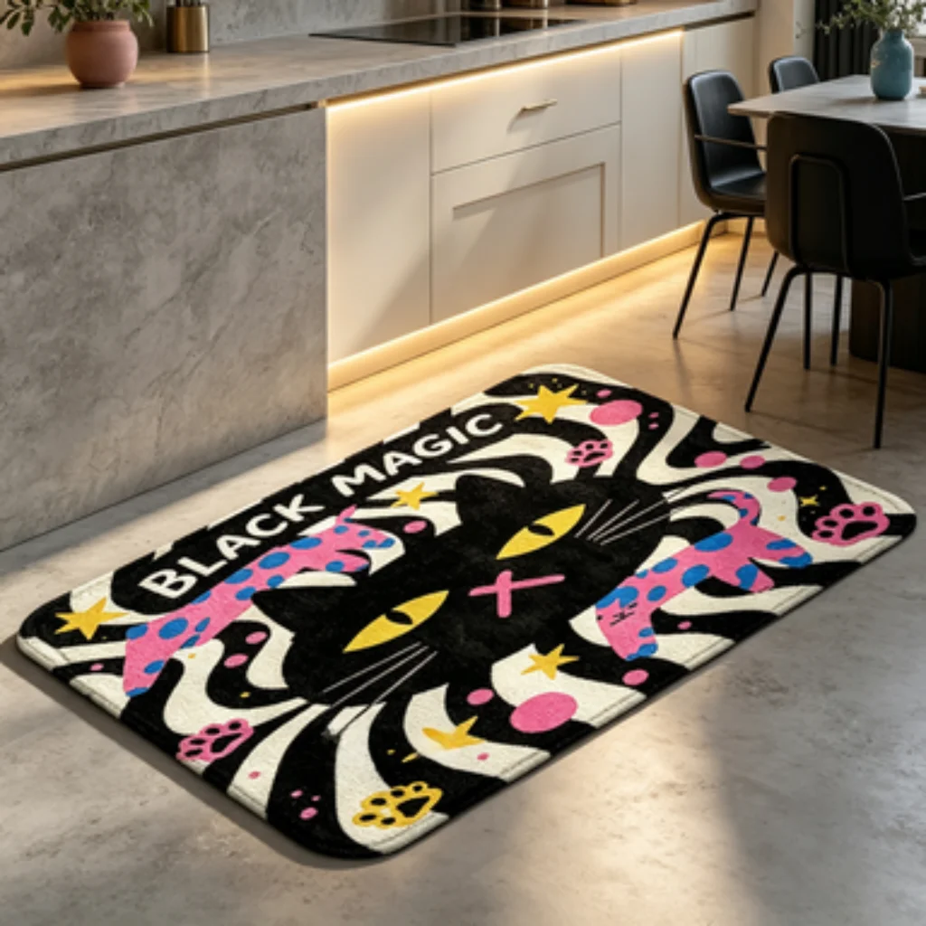 Stay Awhile Star Mat, Black Magic Zebra Cat Runner, Home Horse Crest Runner, Welcome Dove Olive Branch Mat.