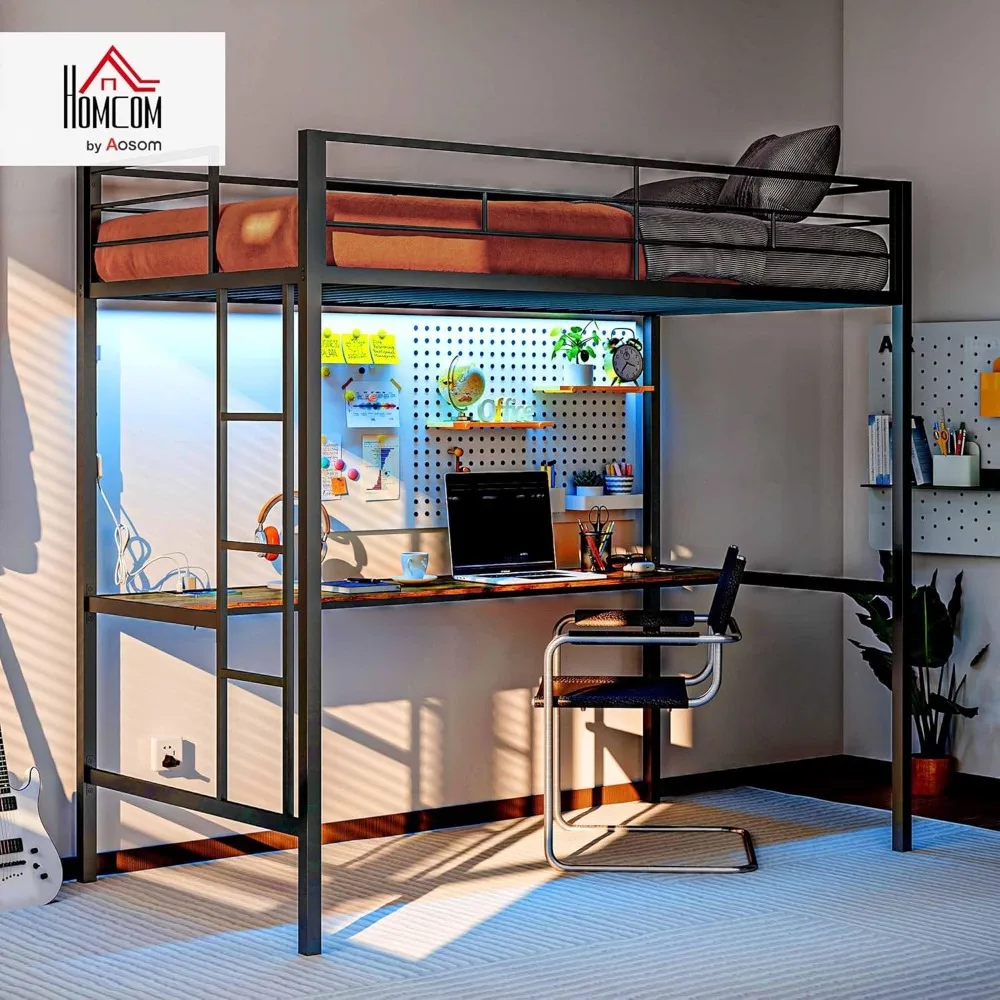 new Loft Bed Twin Size with Desk, LED Lights, Charging Station, Metal Loft Bed Frame for Teens and Adults with Safety Guardrail