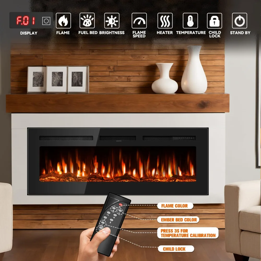 50 Inch Electric Fireplace in-Wall Recessed and Wall Mounted with Remote Control, 750W/1500W Thin Wall Fireplace Heater