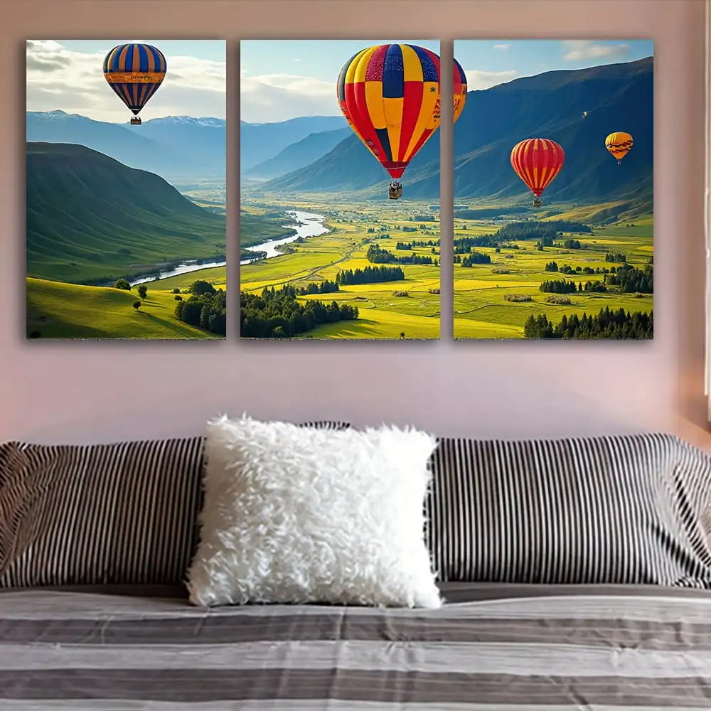 Posters & Prints  3pcs Frameless Canvas Wall Art - Hot Air Balloon Flight Landscape Triptych, Vibrant Spray-Painted Vertical