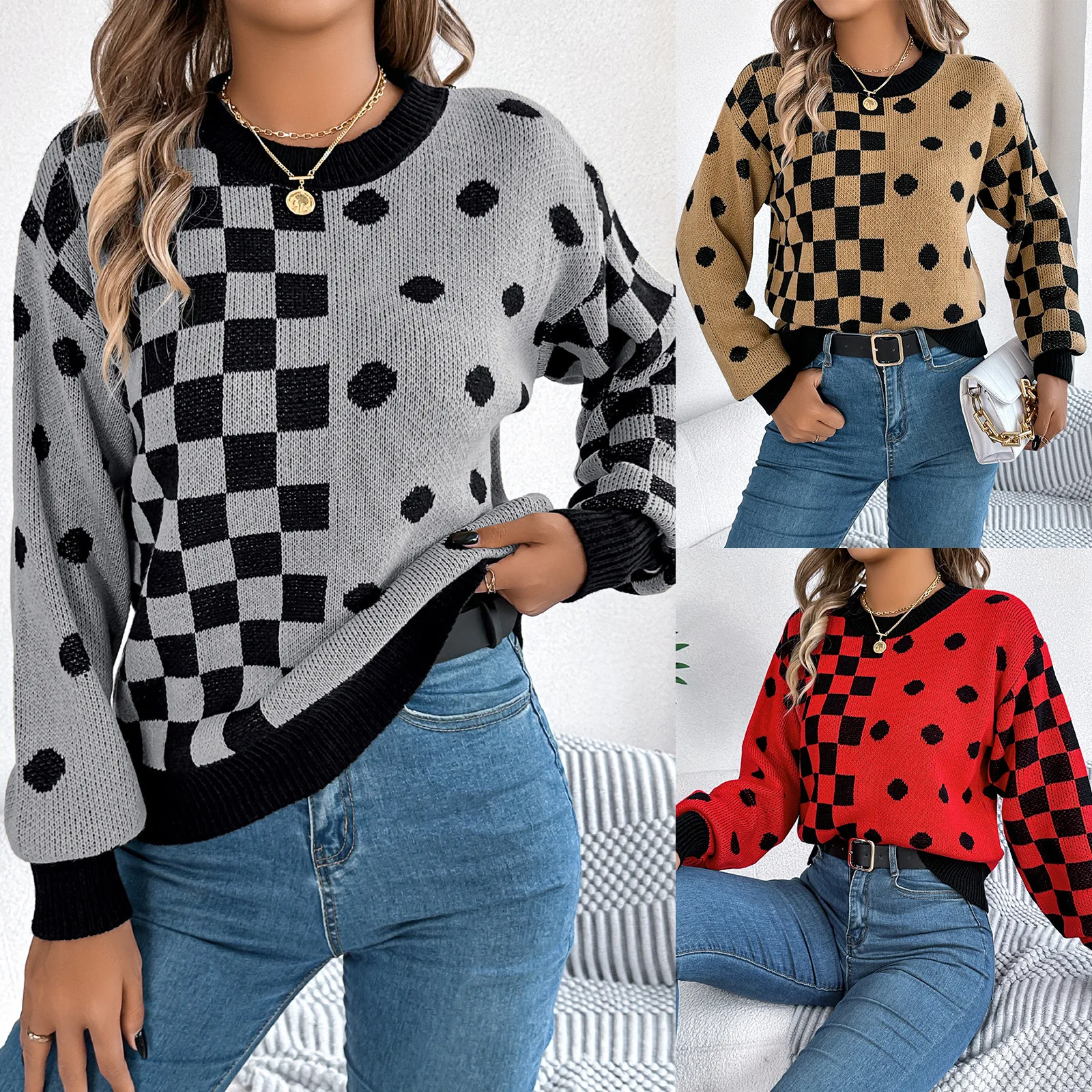 Women 2024 Autumn/winter Casual Plaid Dot Grid Lantern Sleeve Sweater O Neck Outerwear Pullover Flall Grey Khaki Sweater Tops