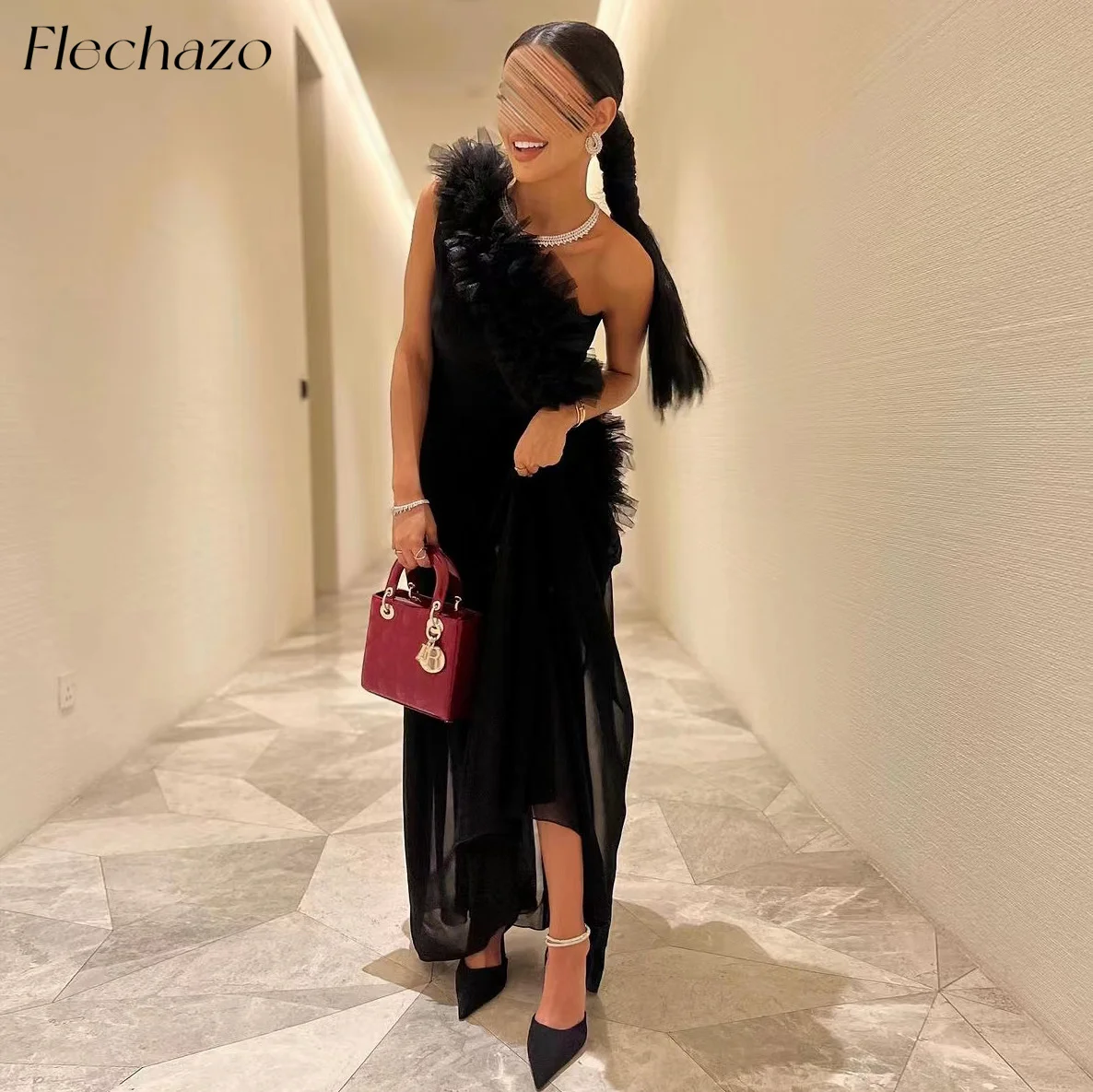 Flechazo Black Chiffon Evening Dresses One Shoulder Pleated Tiered Illusion Elgeant Party Dress For Women 2024 فساتين السهرة