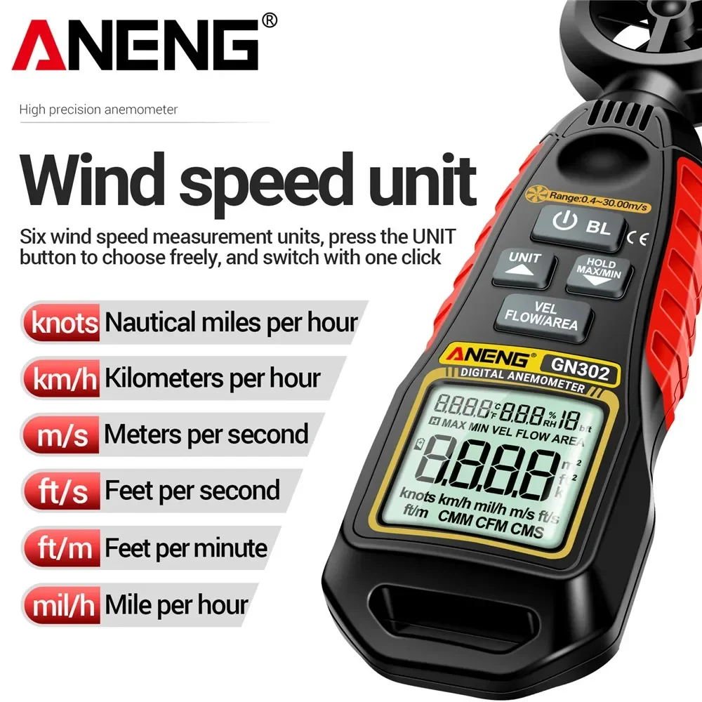 ANENG GN302 Handheld Anemometer 9999 Count Digitaal 0,4 ~ 30,00 m/s Windsnelheidsmeter -20,0C ~ 60,0C Temperatuurtester Anemometro