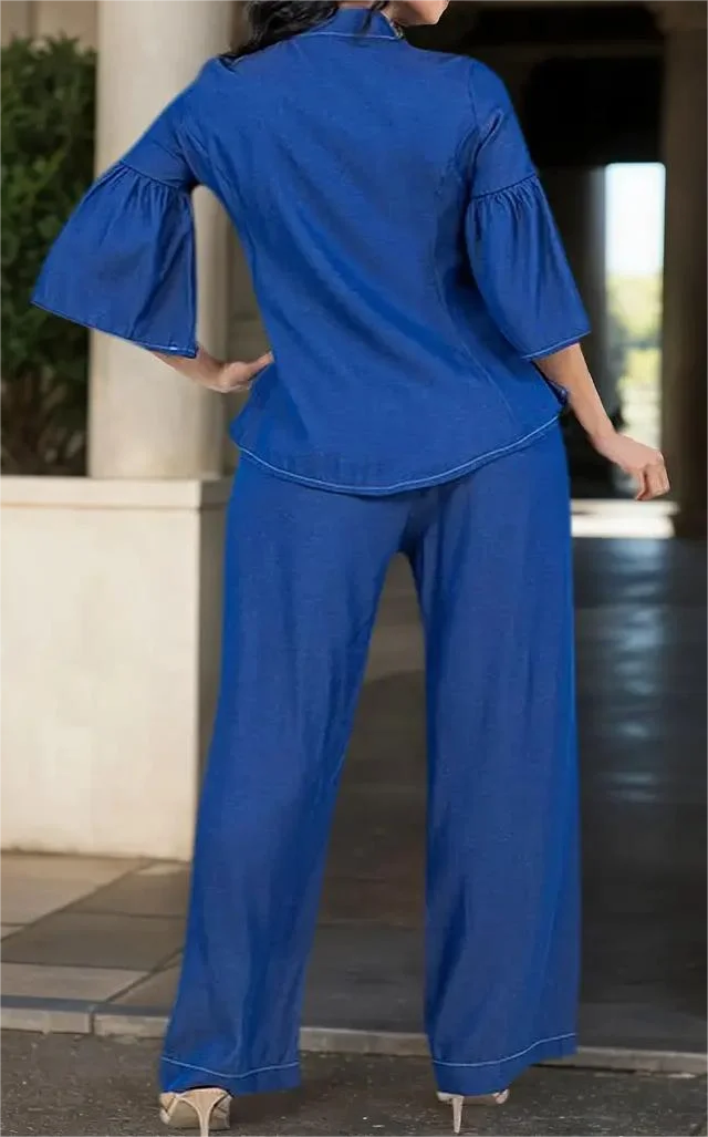 

Women's Casual 2pcs Outfit - 34 Sleeve Button- Shirt + Wide-Leg Pants Set Loose Tracksuit Set