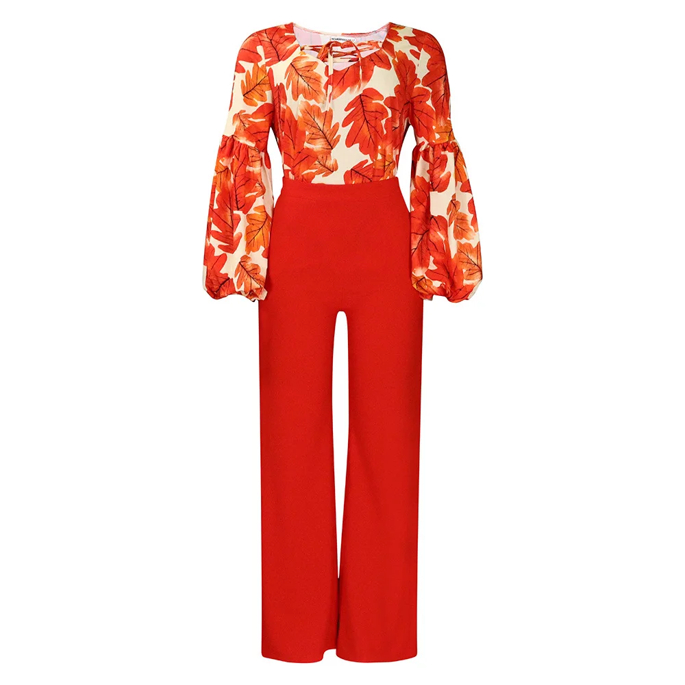 Women's Suit Large Women's New Fashion Print Strap Top Fashion Long-sleeve Woman Blouse 2024  Wide Leg Pants Two Piece Set image 6