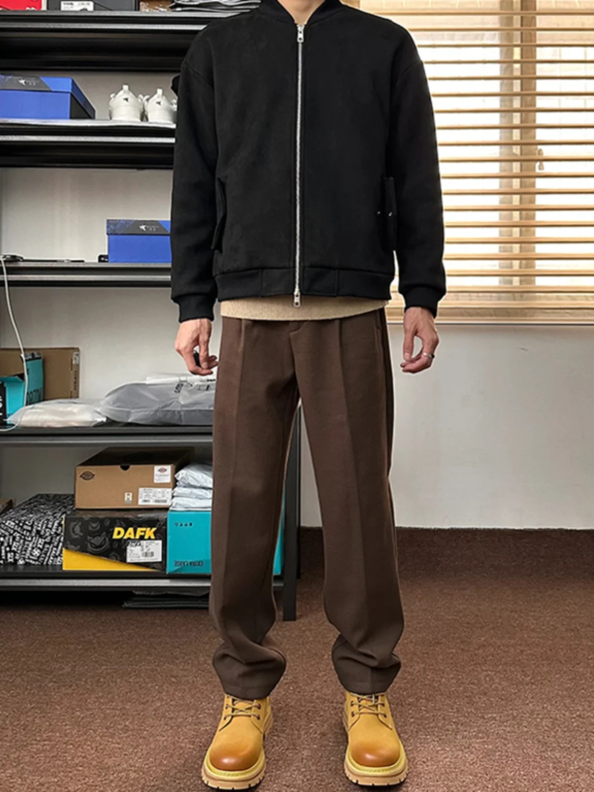 

Coffe Brown Men's Woolen Autumn Winter Long Pants Dra Effect Leg Lengthening Trousers for Boots Casual Slim Fit Long Trou...