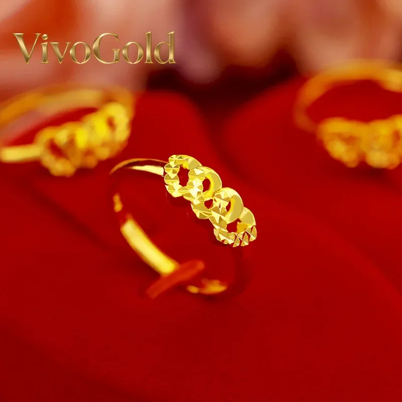 VivoGoldWomen's 9999 24K Real Gold Japanese and Korean Fashion Three Heart Small Women's Ring Diamond Cut Heart Rings Adjustable