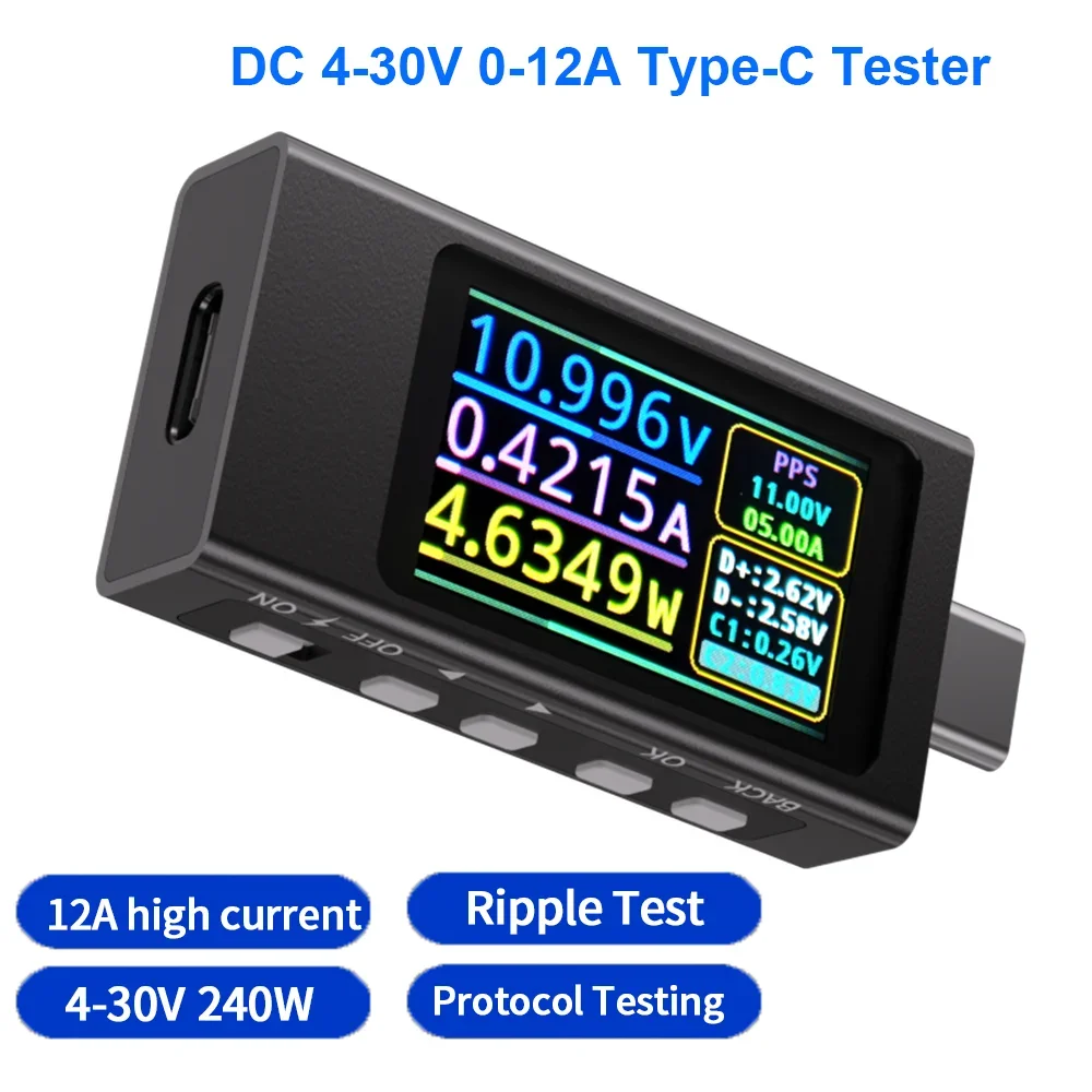 Medidor de Voltaje y Corriente Tipo-C de 4-30V 0-12A con Pantalla HD IPS, Medidor de Carga Rápida PD/QC para Dispositivos Móviles, Medición de Ondulación