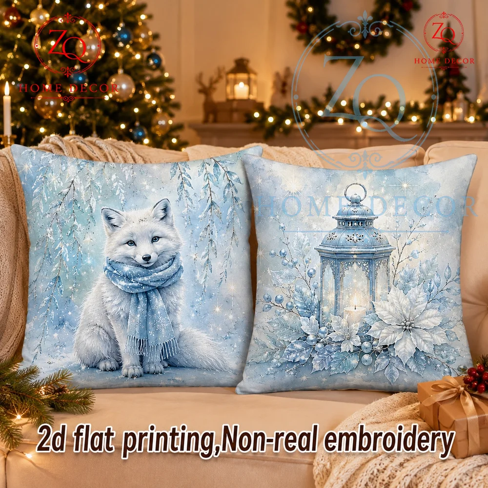 Winter Wonderland Snow Fox Throw Pillow Cover: Cozy Watercolor Blue Christmas Cushion Case  Holiday Decor