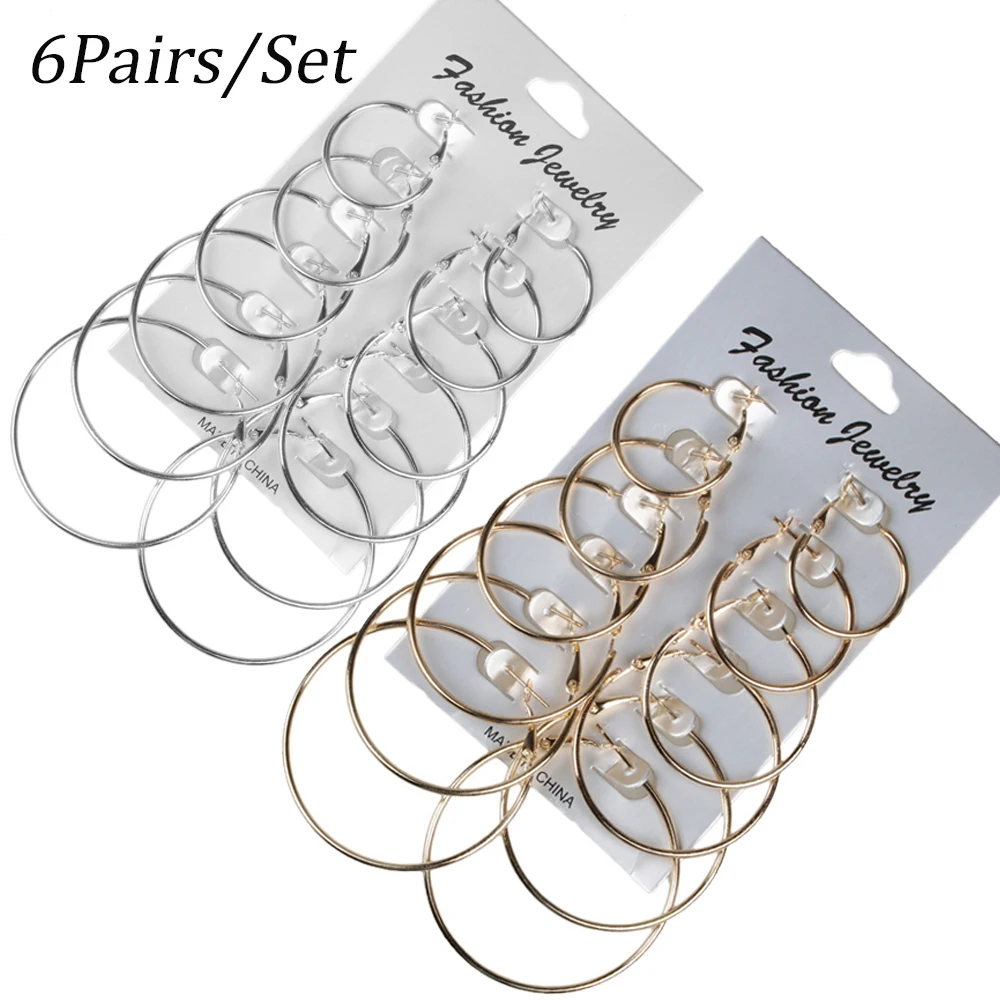 6 Pairs /set Step Diameter Hoop Earrings Big Circle Earring Fashion Jewelry for Women Girls Steampunk Ear Clip Earrings 2020 NEW