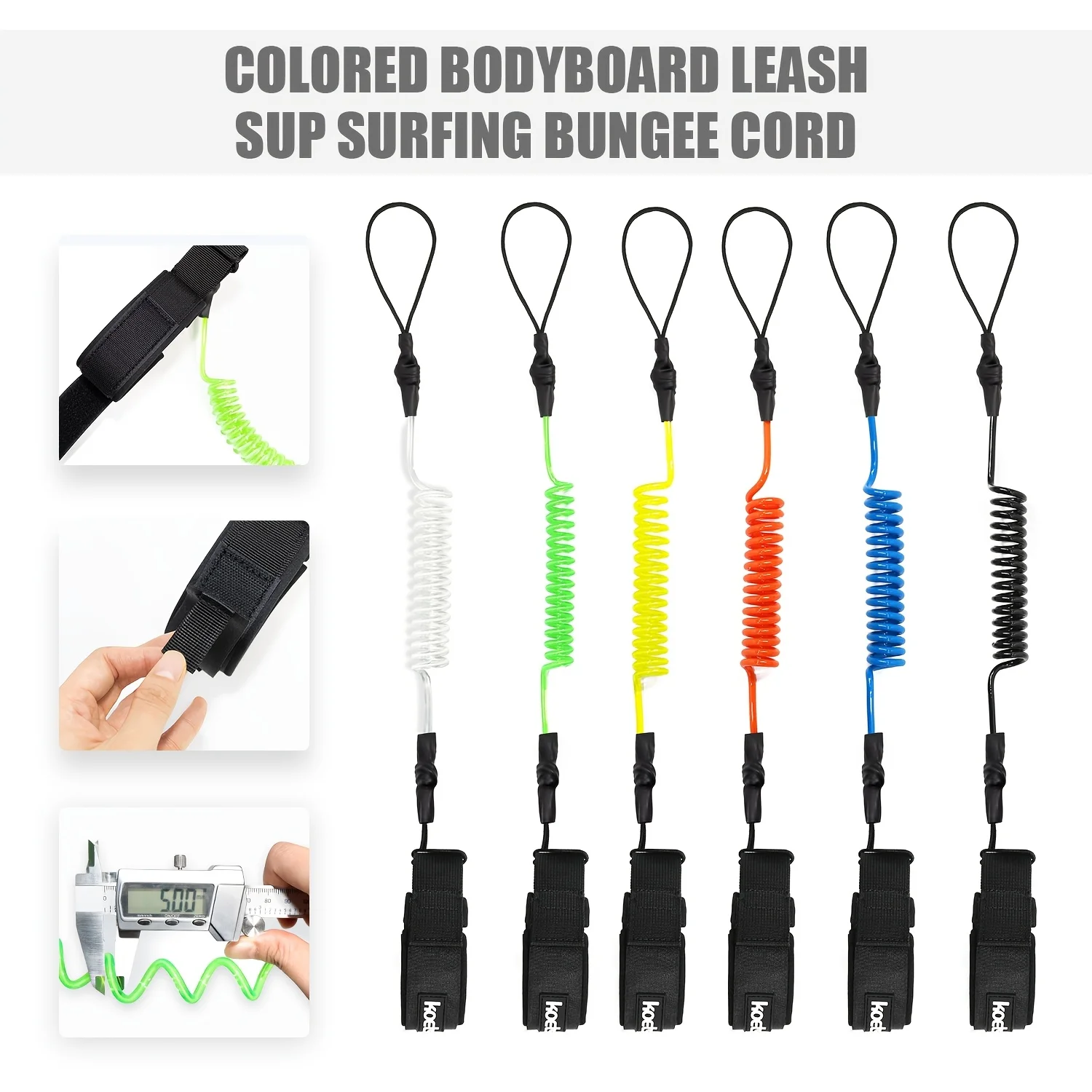 KOETSU Bodyboard Leash, 5mm TPU Coiled Surfing Wrist Leash with Hook-and-Loop Wrist Strap & Quick-Release Pull Tab