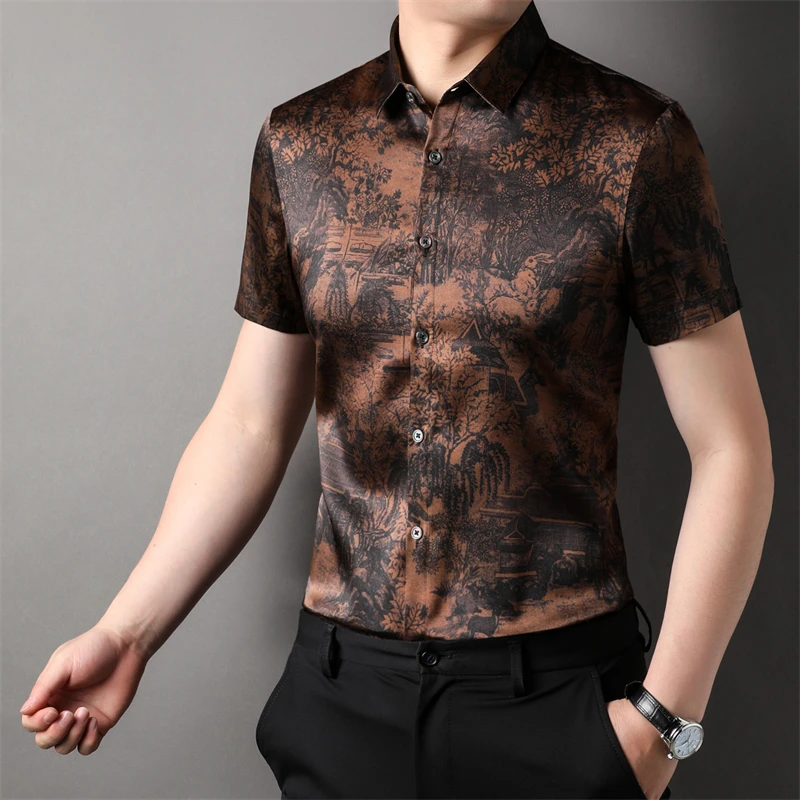 Chinese Style Mulberry Silk Premium Men Shirt Short Sleeve Print Summer Quality Soft Comfortable Vintage Casual Camisa Masculina