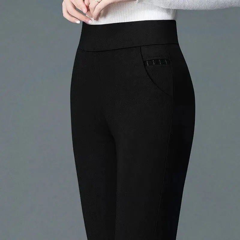 Office Lady Slim Pencil Pants Spring Autumn High Waist Elastic Pockets Solid Elegant Women Casual Fashion Straight Trousers 2022