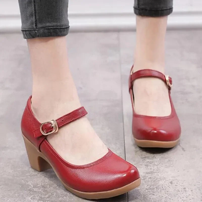 MVVJKE Genuine Leather Shoes Women Round Toe Pumps Sapato feminino High Heels Shallow Fashion Black Work Shoe Plus Size