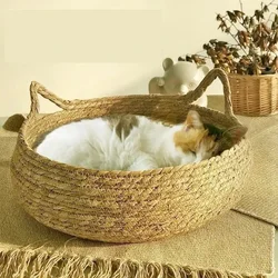 Cat Litter Handmade Rattan Woven Cat Nest Seasonal Warmth Pad Detachable Washable Winter Pet Supplies Cat Mats Accessories