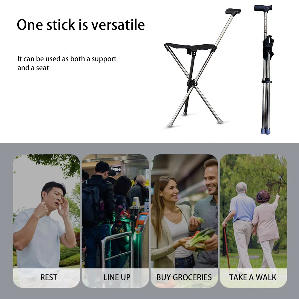 Adjustables Lightweight Cane with Seats 3 Legged Lightweight Folding Walking Stick Seats Stick for Elderly for Outdoor Walking