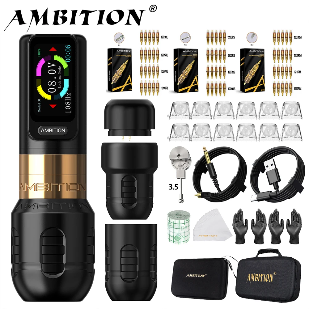 

Комплект Ambition Zetton, прямой стержень, беспроводная машина для татуировки, ручка, ход 4,0 мм, 3,5 мм, бесщеточный двигатель, 2400 мАч, аккумулятор с сенсорным экраном