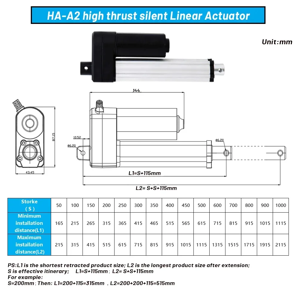 HighThrust 2500N Linear Actuator Silent Electric Cylinder Push Rod DC12/24V Reciprocating Motor For Industrial Automation 33mm/s
