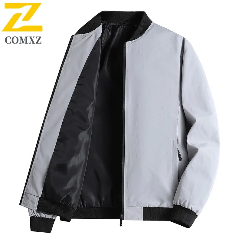 Comxz jaqueta masculina de luxo, casaco com zíper à prova de vento para escritório, gola casual, design de cor sólida, jaquetas leves de outono