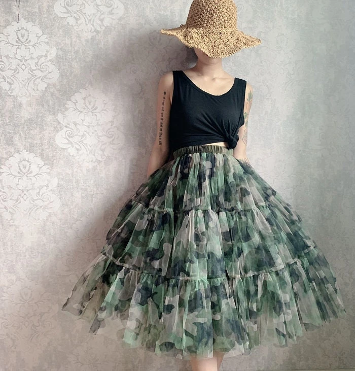 Pretty Green Skirt Camo Elastic Waistband Multi Layered A Line Midi Length Maxi Skirt Korean Style Tulle Skirt