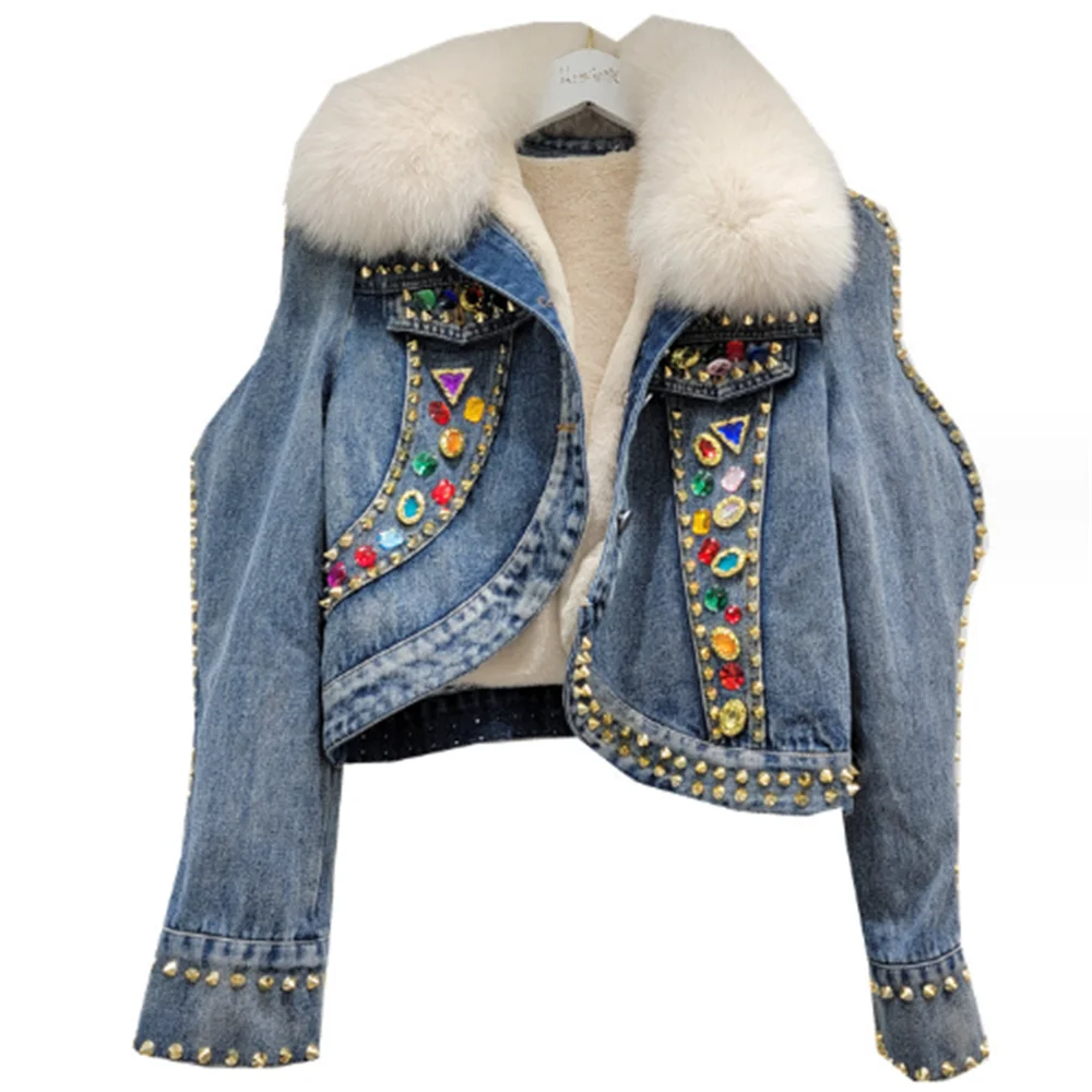 

new winter denim jacket womn fur thickened short bead Jeans coat
