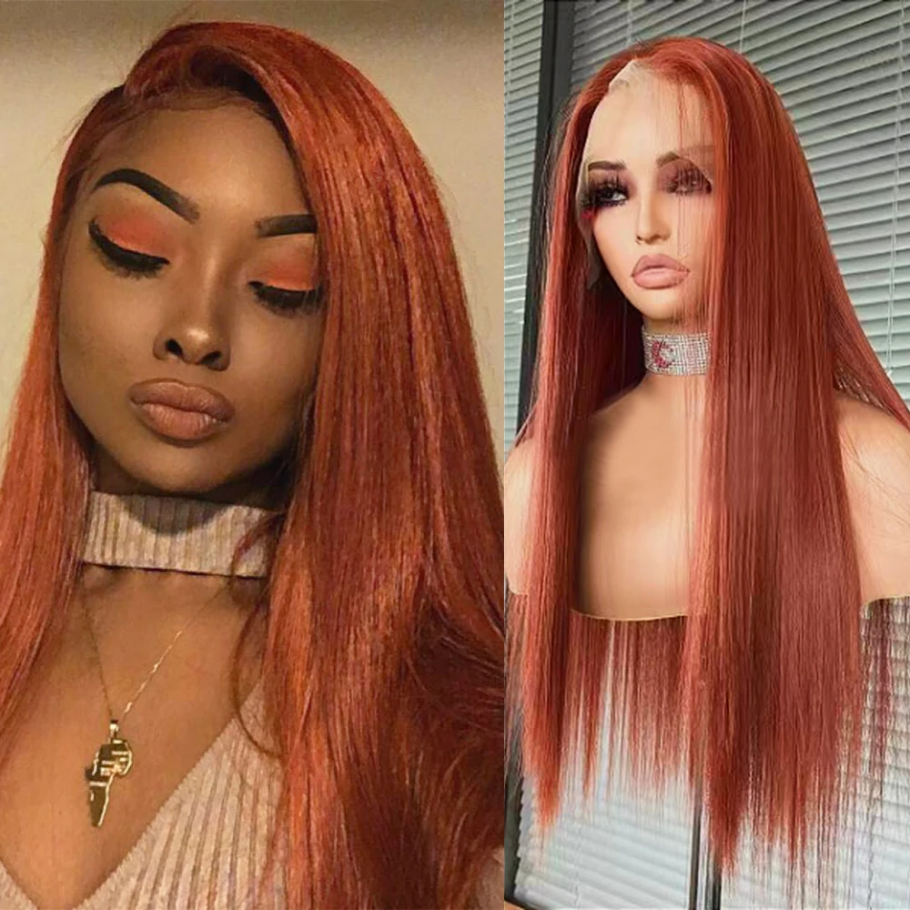 WIF Reddish Orange Long Straight Hair Synthetic Lace Wig Silk Straight Natural Hairline Lace Front Wigs Women Use Daily Makeup