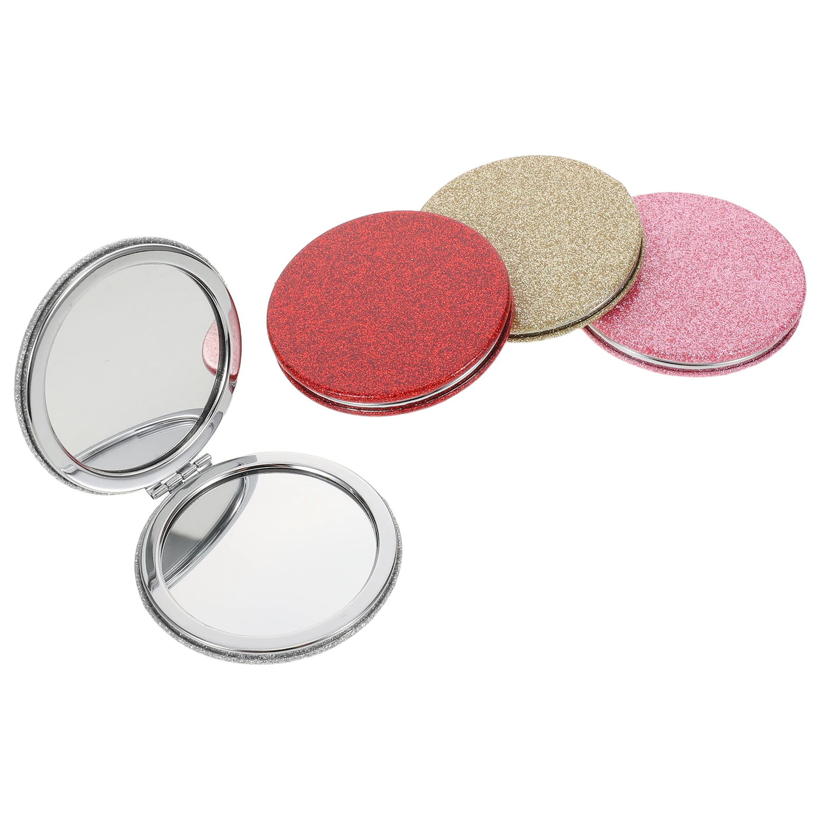 4Pcs Glitter PU Portable Folding Pocket Mirrors Compact Makeup Purse Travel Handheld Vanity Mirrors Pink Gold Red Silver