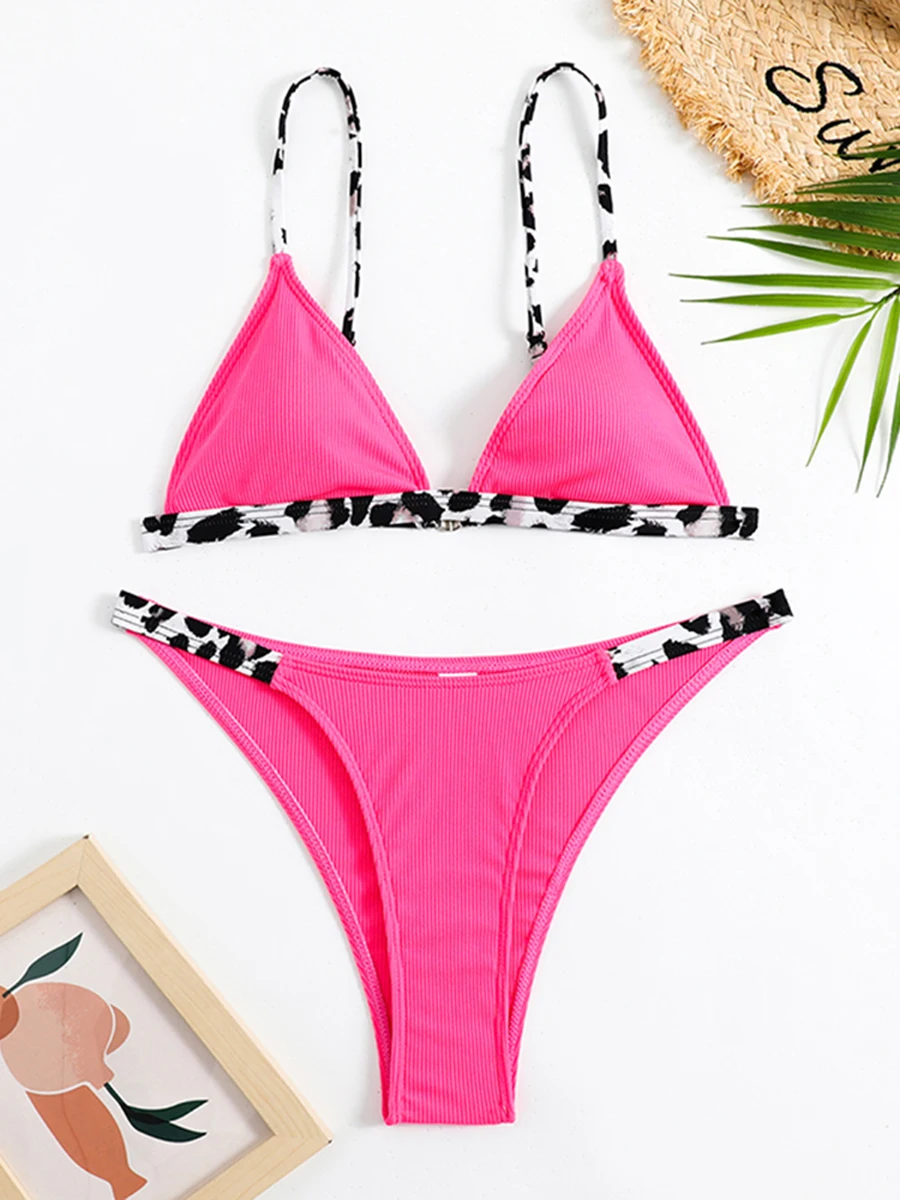 Bikini triangular liso con tirantes de leopardo para mujer, traje de baño Sexy, ropa de playa, 2024