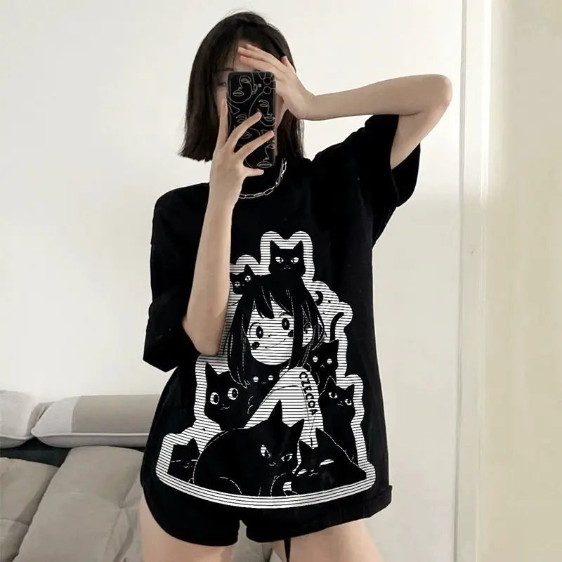 Japan Men Women Harajuku Cartoon Graphic Print Y2K Cotton T-Shirt Grunge Gothic Streetwear Top Hip Hop  Short Sleeve T-Shirts