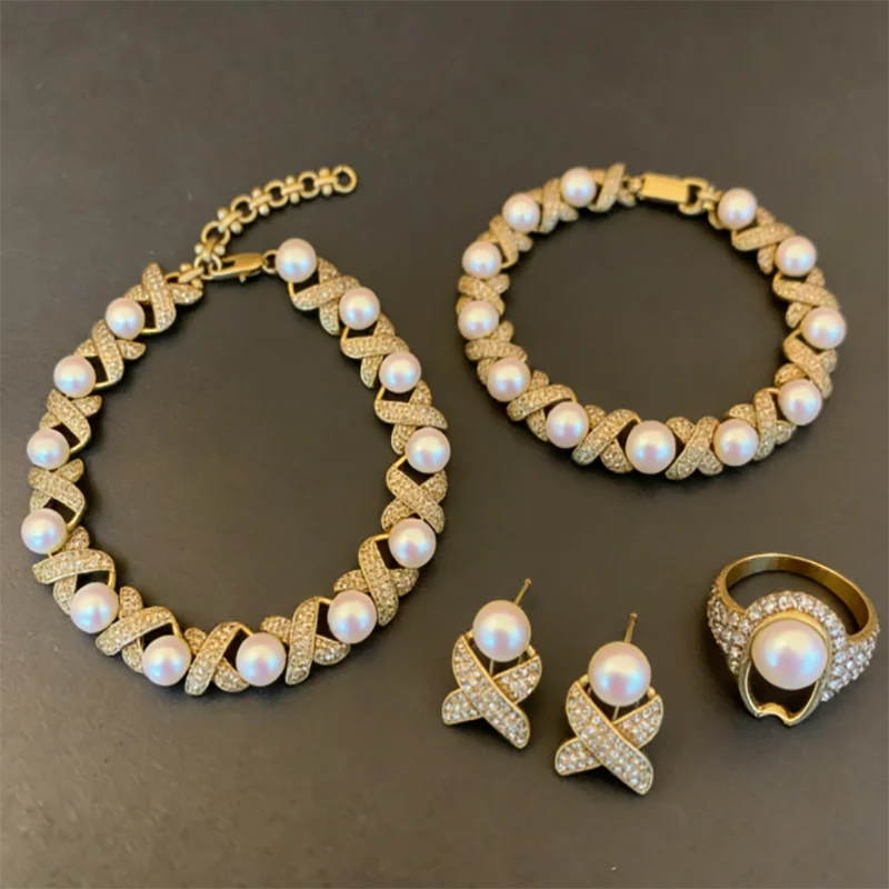 Gold Circular Connecting Bracelet, Necklace And Earrings