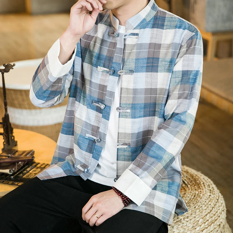 

Casual Cotton Linen Plaid Jaet Men's Loose Large Size Leisure Outerwear Chinese Sle Stand Collar Single Button Coat