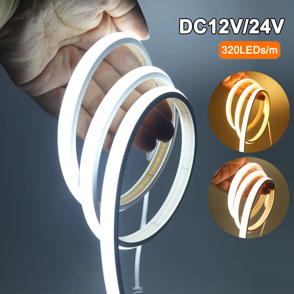 DC12V 24V COB LED Strip Neon Light 320 LEDs/M กันน้ําริบบิ้นแบบยืดหยุ่นเทป 3000K 4000K 6000K RA90 ความหนาแน่นสูง Linear Lighting