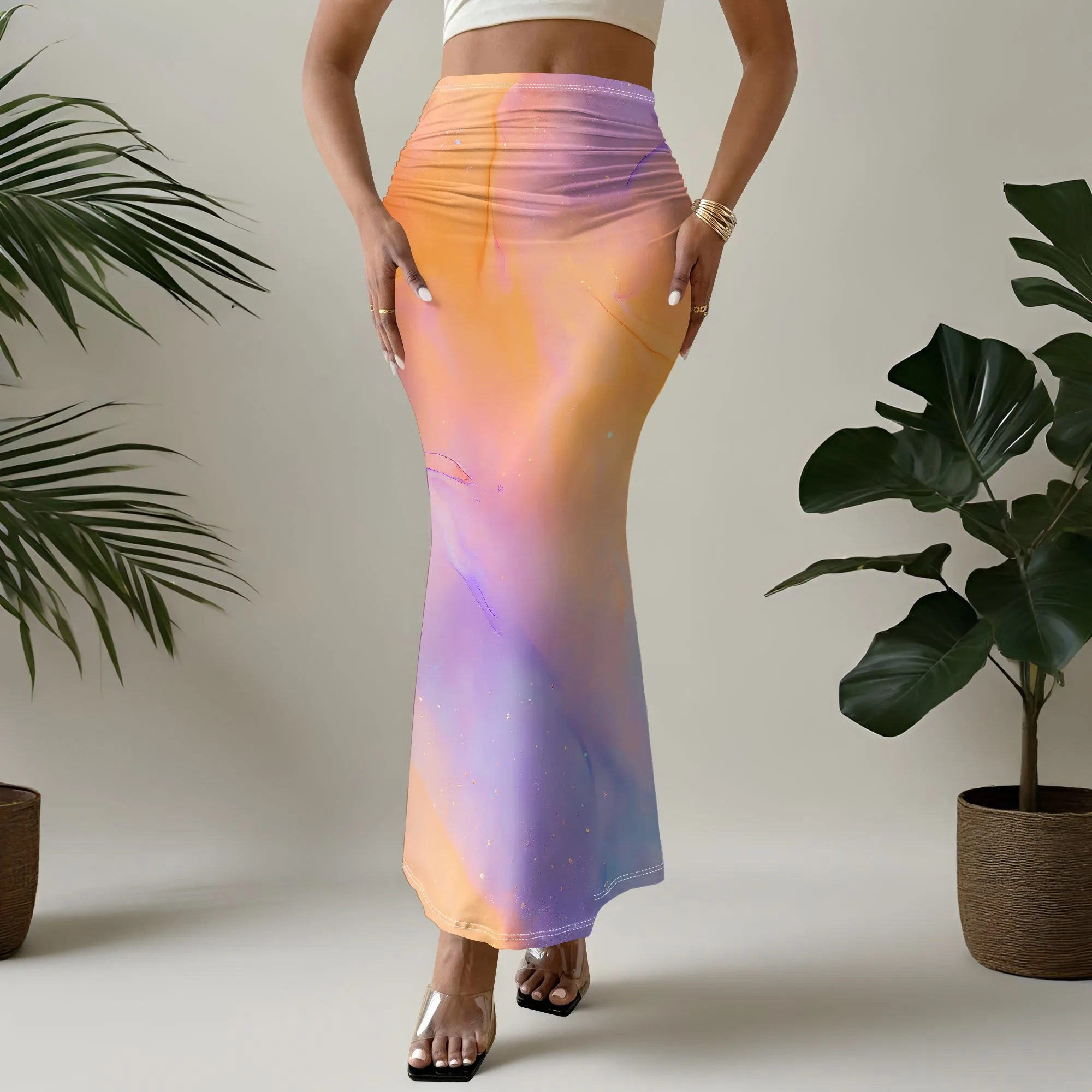 Galaxy Print Skirt, Mermaid Hem Maxi Skirt, Gradient Space Pattern, High Waist Bodycon Skirt for Party Clubwear, S-3XL