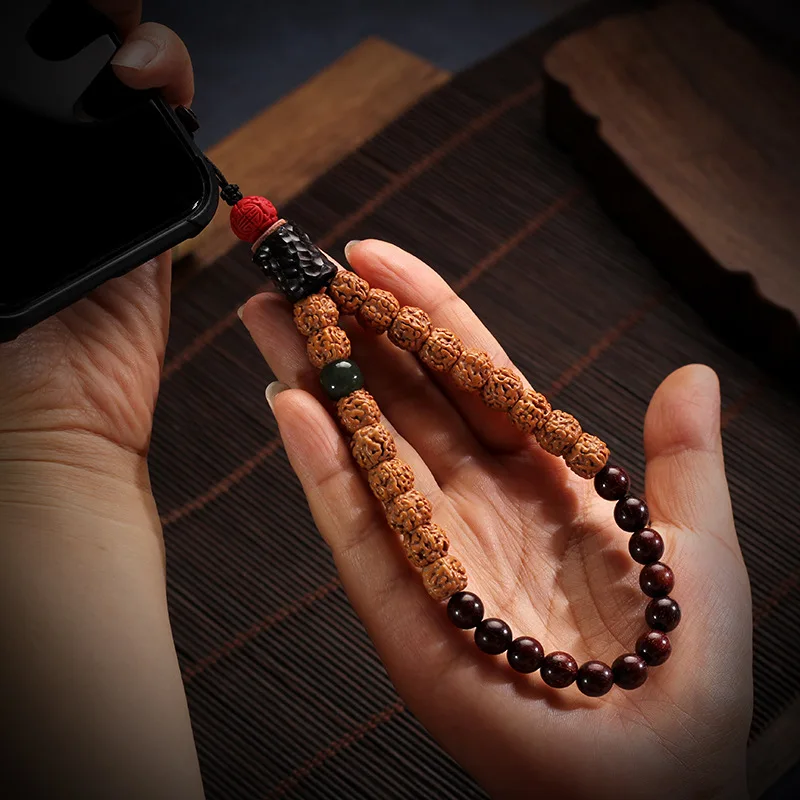 Wrist phone chain lanyard  short pendant with diamond-shaped Bodhi and black tortoise patterns  keychain  jade bead string