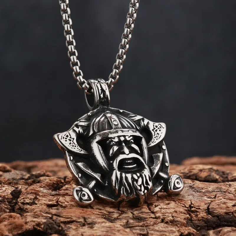 Vintage Engraved Viking Warrior Helmet Pendant Necklace, Nordic Pirate Worn Figure Hip Hop Sweater Chain