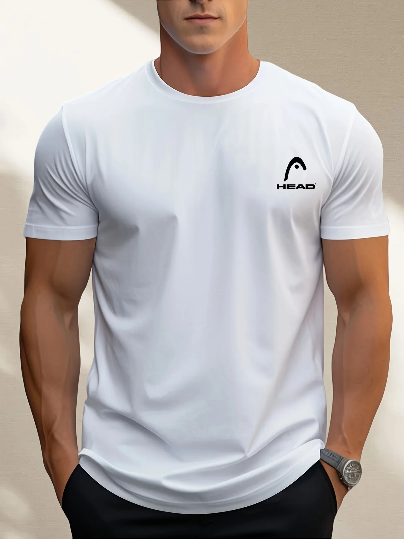 HEAD Men Solid White Tee Slim Cut Short‑Sleeve Chest Mini Icon Emblem Lightweight Apparel Tennis Matches Weekend Leisure Time