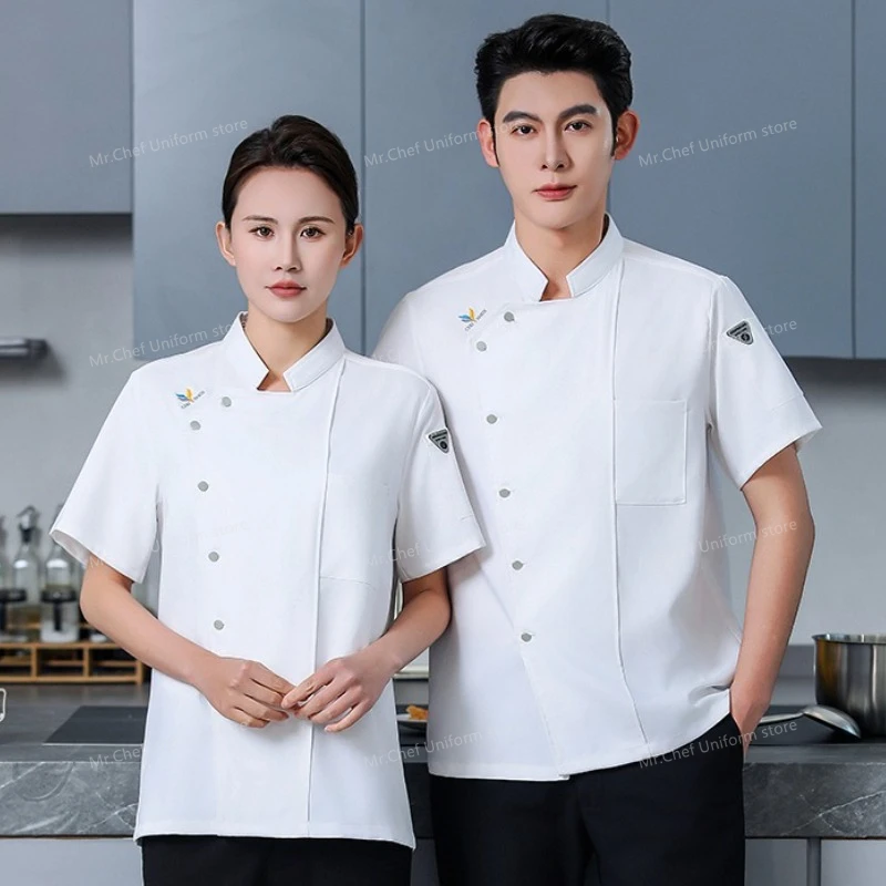 Manteau de Chef respirant de cuisine pour hommes, uniforme de Chef noir, tablier de Restaurant, Short de Chef à manches courtes, veste, vêtements de travail, Logo, été