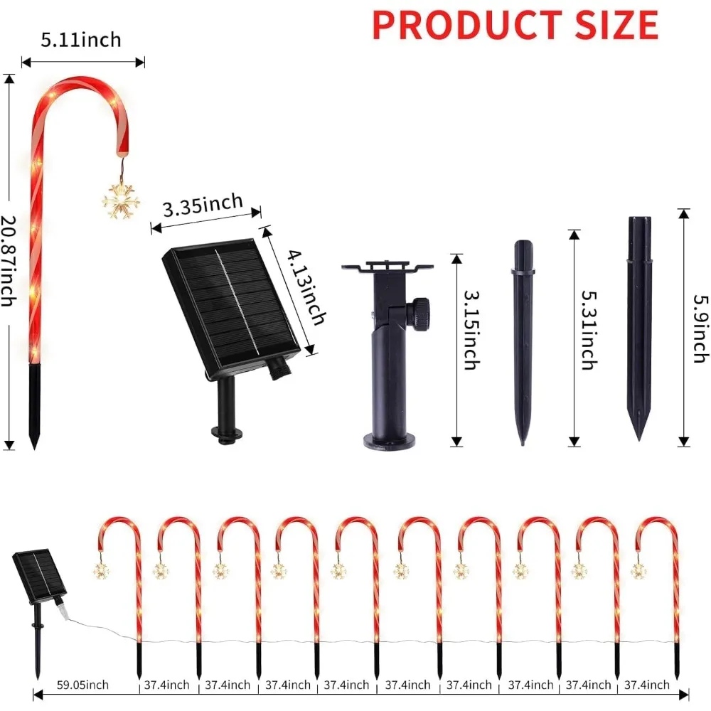 Рождественские украшения для улицы на солнечной энергии: 10 комплектов атмосферостойких конфет и огней в виде снежинок.