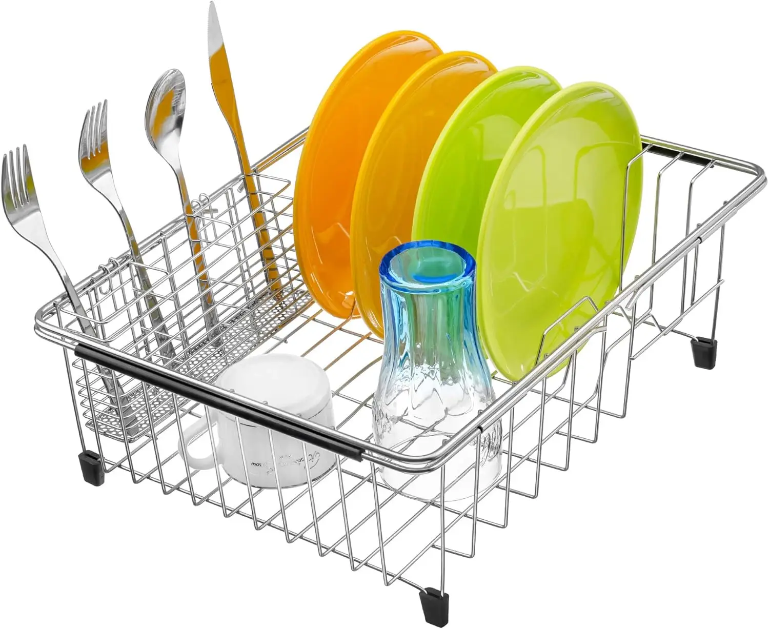

Expandable Stainless Steel Dish Drying Rack Over Sink with Utensil Holder