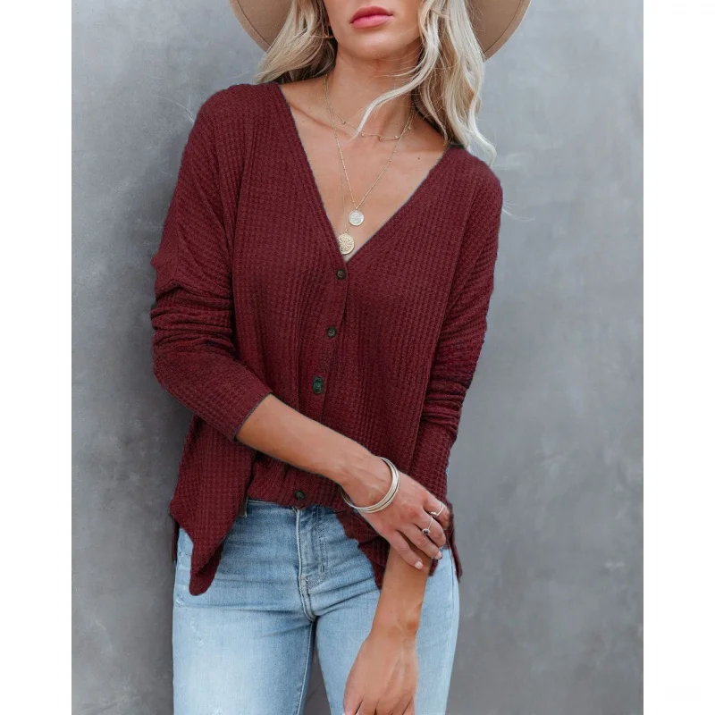 

Autumn Winter V-ne Pure Color irt Women's Slim Fit Long Sve Color Regular Thin Cross-border Top