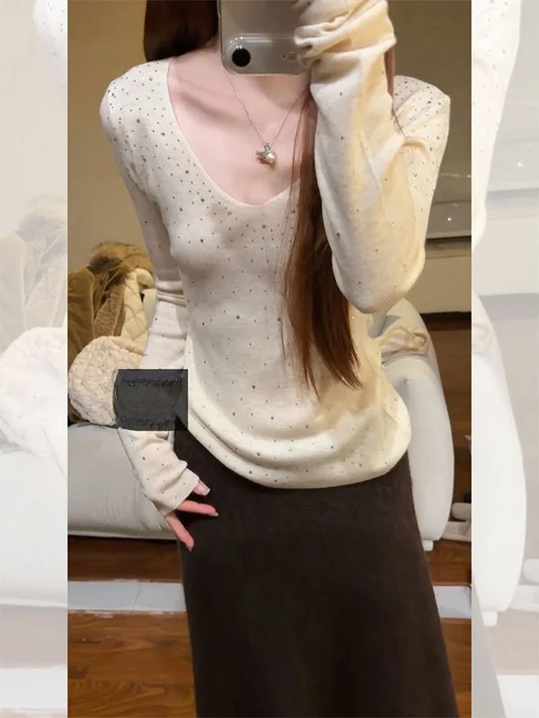 

Tianxing Heavy Industry White Knitted V-neck Sweater Fashionable Elegant Inner Wear Diamond Embellished Slim Fit French Style