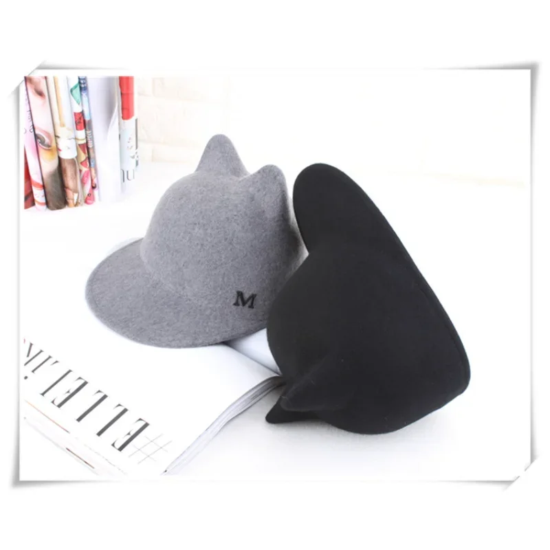 Plain Wool Felt Korean Cat Ears Equestrian Cap Parent-child Cap Flat Brim Horseman Trilby Hat for Men Women Children Boys Girls