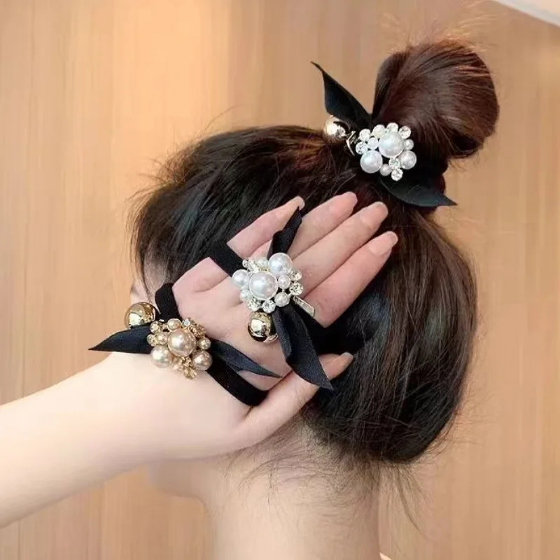 

2PCS Pearl Bow Hair Band Sweet High-value Hair Rubber Band Celebrity Light Luxury Ponytail Headrope Hair Accessories