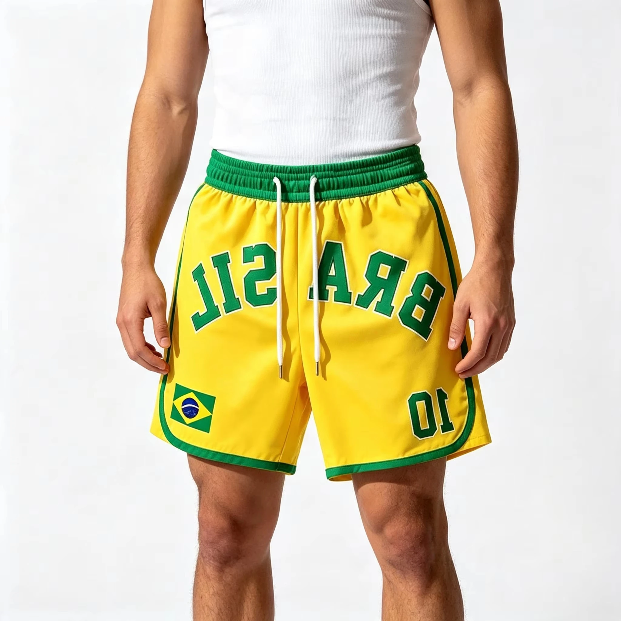 Vintage BRASIL Style No.10 Soccer Shorts Men Yellow Flag Graphic Shorts Sport Training Running Shorts for Football Supporters