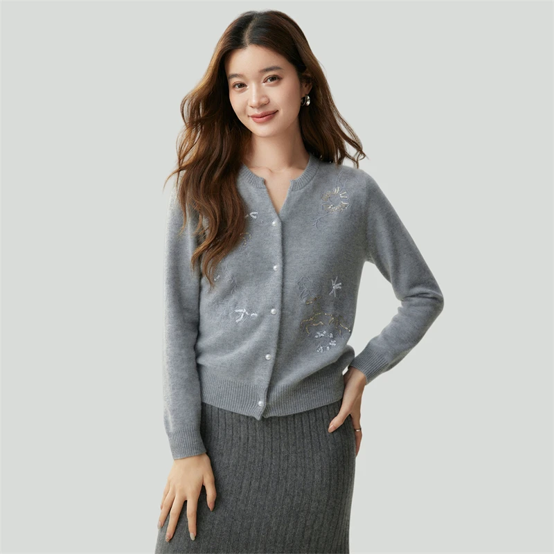 Women's 100% Cashmere Sweater Cardigan Notch Trim Neck Botanical Floral Embroidery Construction Timeless Feminine Knit Outerwear