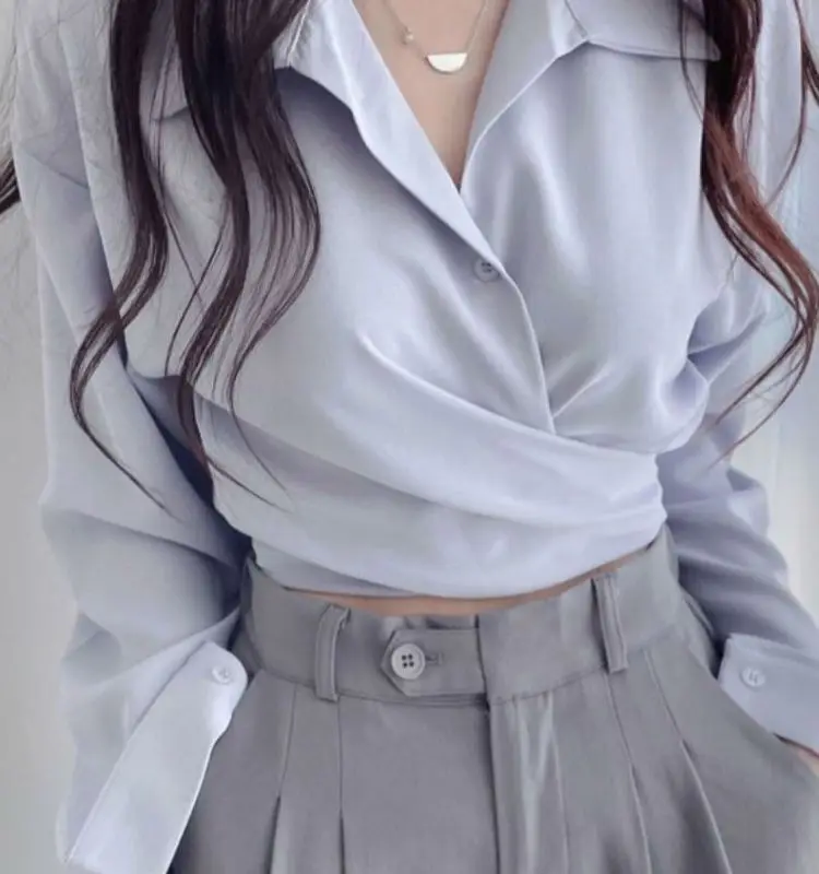 Spring Autumn Women's New Chiffon Shirt Back Strap Bow Waist Unique Unique Short Fashion Commuter Tops