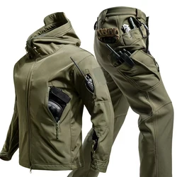 Waterproof Hiking Tracksuit Set for Men Sharkskin Army Jackets Camping Coat Tactical Pants, Warm Fishing Fleece Trousers, Winter