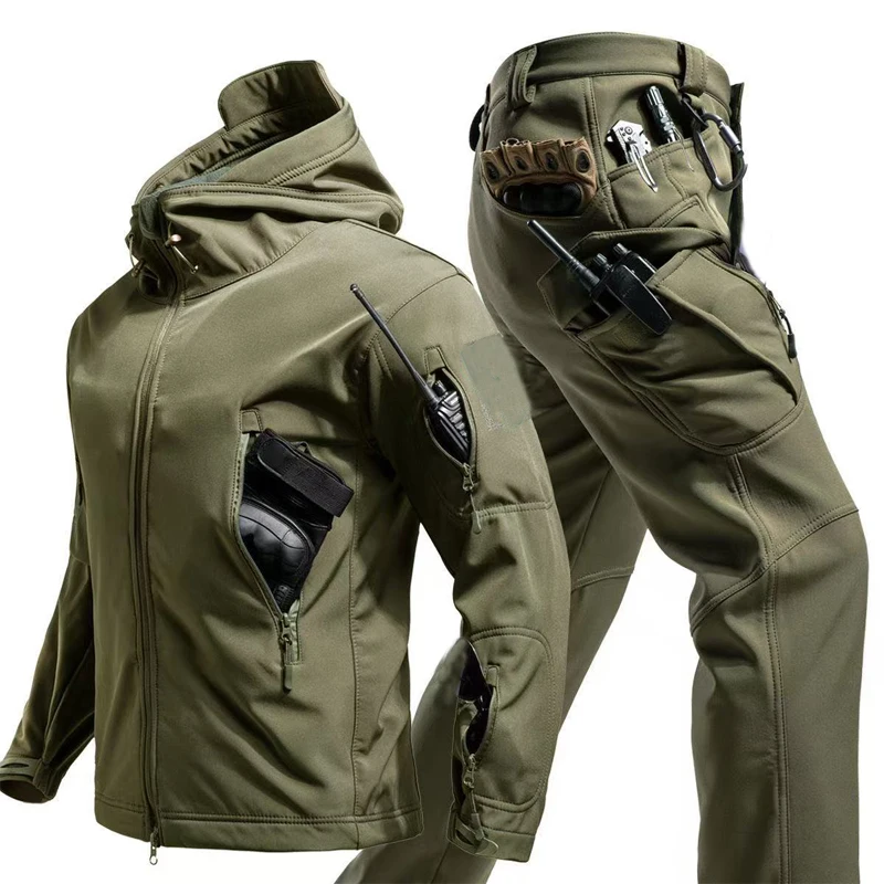 Men Winter Autumn Tracksuit Softshell Fleece Pants Jackets Cargo Hooded Coats Hiking Camping Climbing Parkas Tactical Military