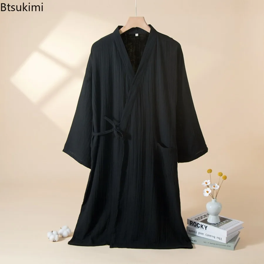 2026 Japanese New Spring Summer Men Plus Size Kimono Robe 100% Cotton Crepe Cloth Male Lace Up Bathrobe Thin Home Sleeping Robe